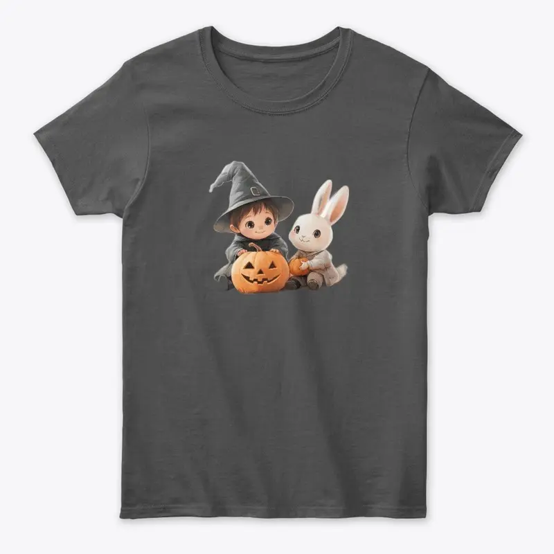 "Little Witch and Bunny with Pumpkins"