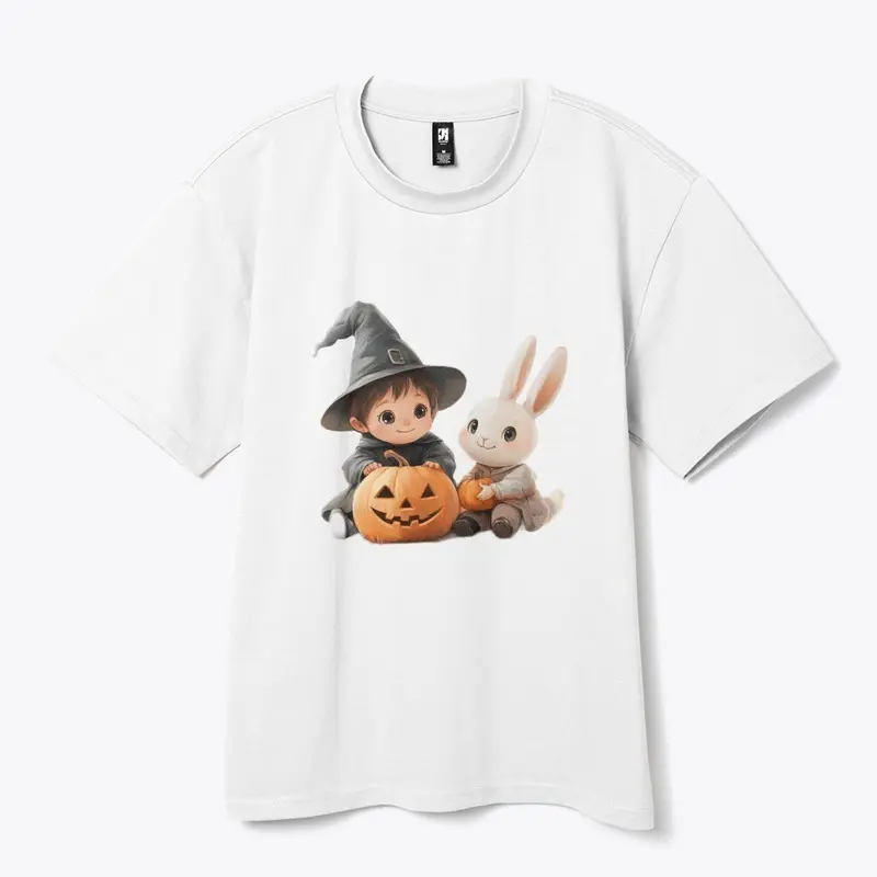 "Little Witch and Bunny with Pumpkins"