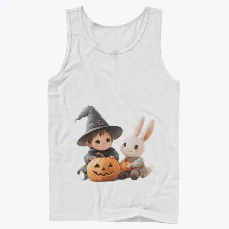 "Little Witch and Bunny with Pumpkins"