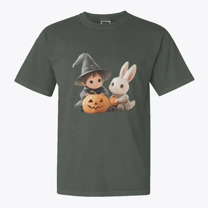 "Little Witch and Bunny with Pumpkins"