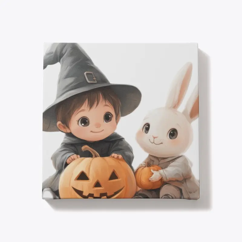 "Little Witch and Bunny with Pumpkins"